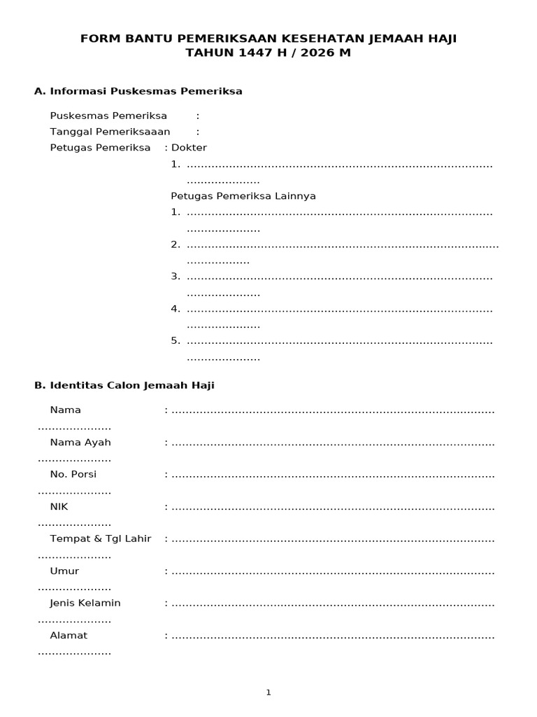 Formulir Pemeriksaan Kesehatan Haji 2026 | PDF
