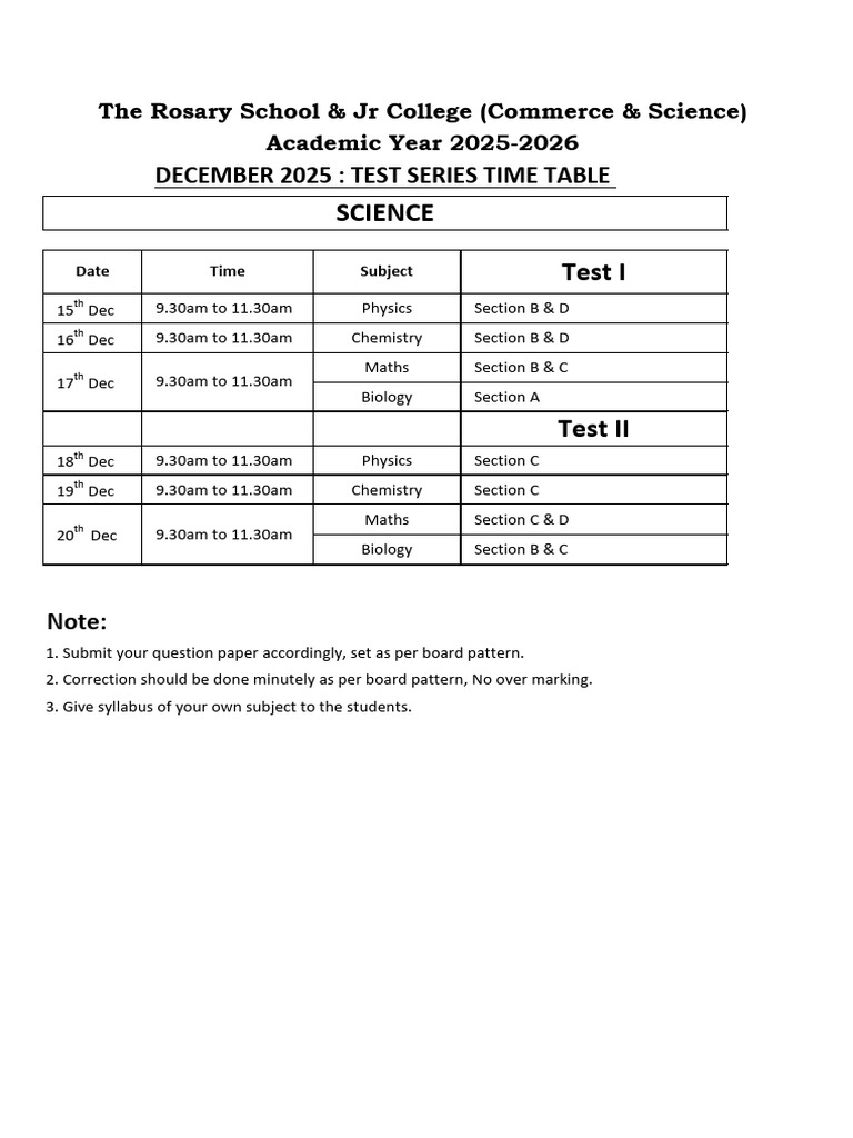 December 2025 Test Series Schedule | PDF