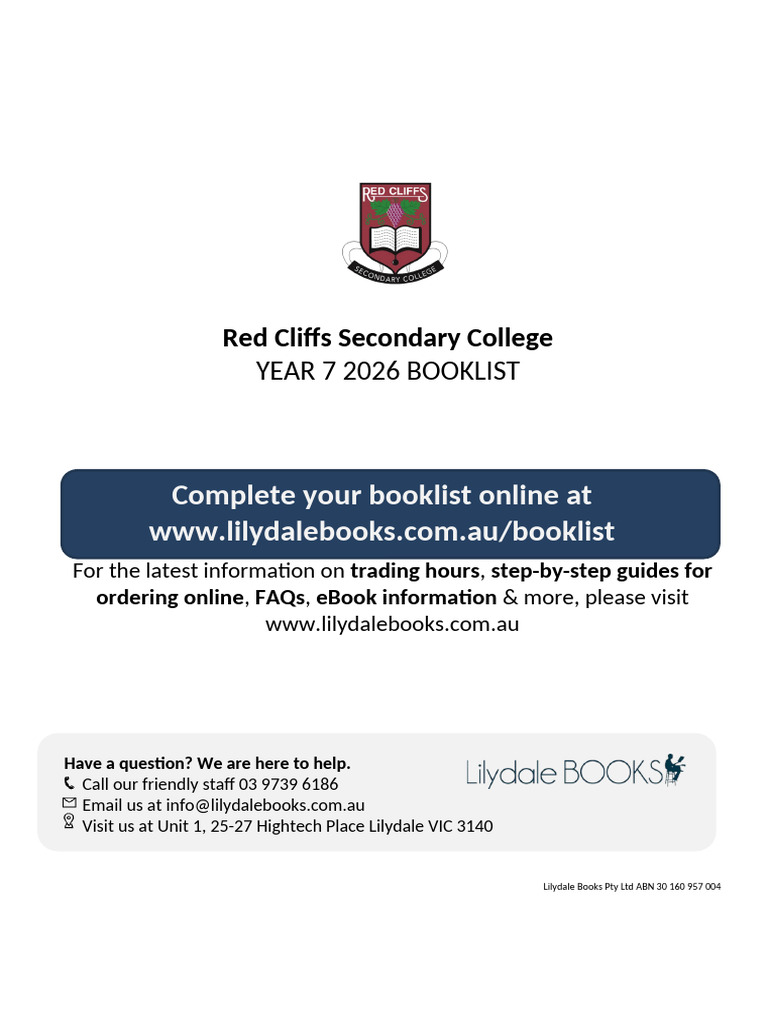 Year 7 2026 Booklist for Red Cliffs College | PDF | Pencil | Writing ...