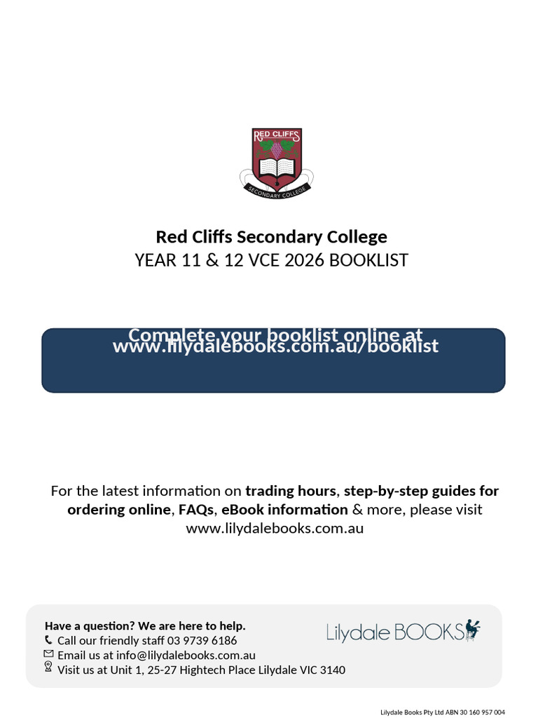 Red Cliffs Secondary College Year 11 & 12 VCE 2026 - Booklist | PDF ...