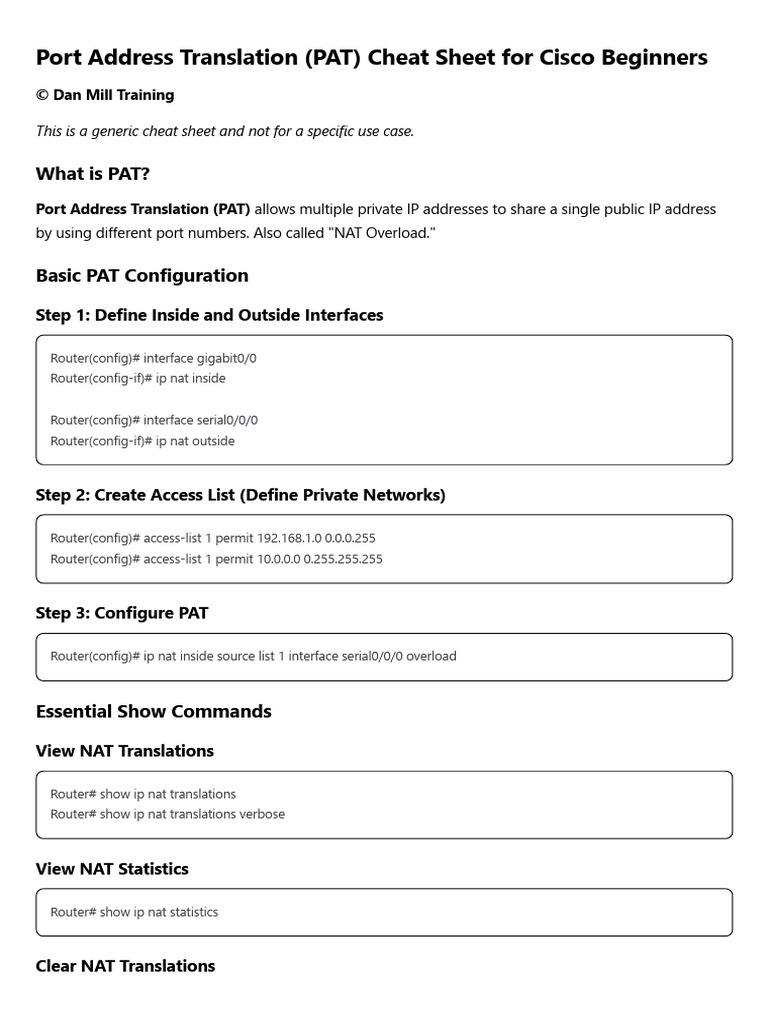 Cisco PAT Configuration Cheat Sheet | PDF