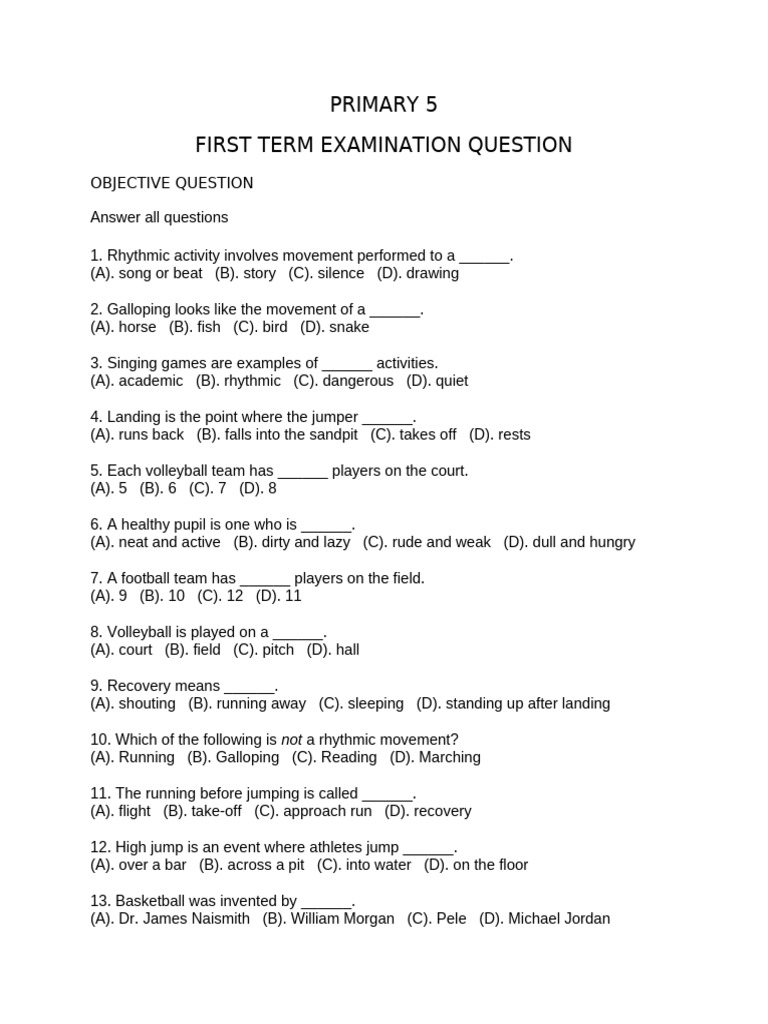 Primary 5 First Term Exam Questions | PDF | Sports
