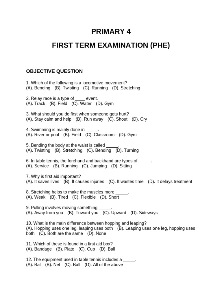 Primary 4 Phe First Term Exam Question | PDF | Association Football ...