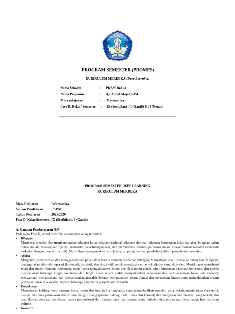 Program Semester Matematika Kelas IX | PDF