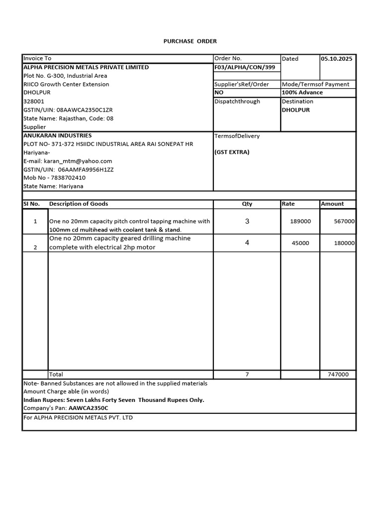 Purchase Order for Machinery Supplies | PDF