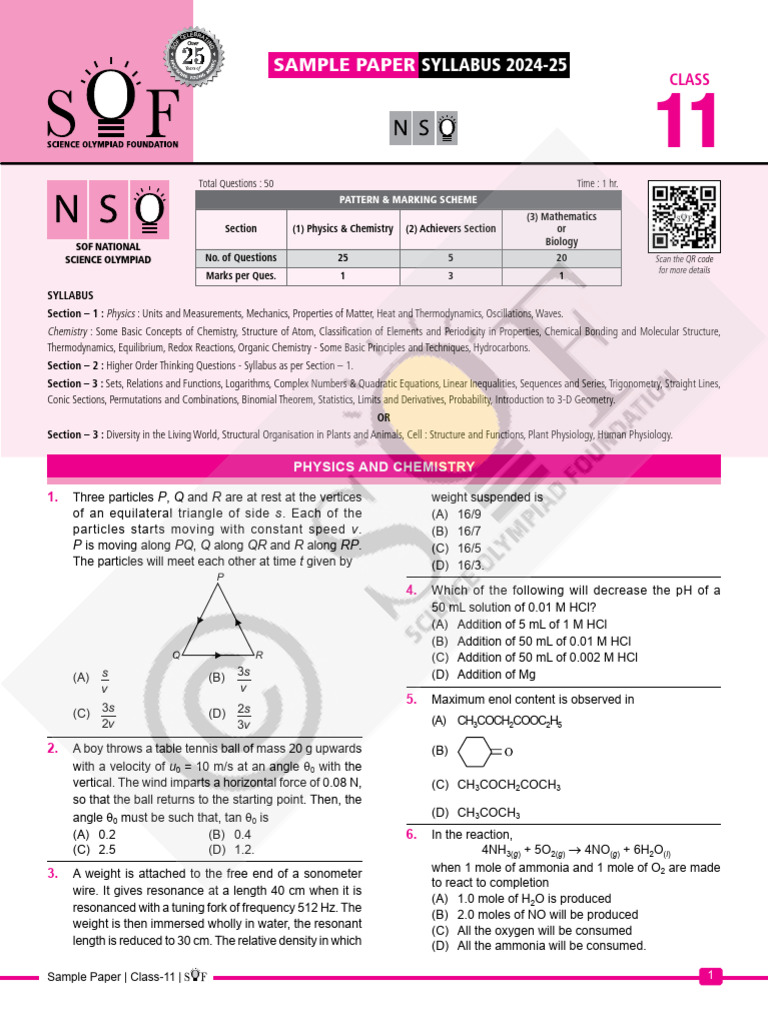 Class 11 Science Olympiad Sample Paper | PDF | Chemistry | Thermodynamics