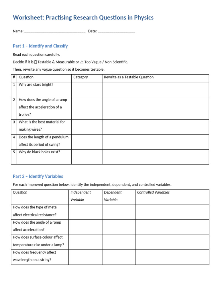 0.11 Designing Research Questions Practice Worksheet QUESTIONS | PDF