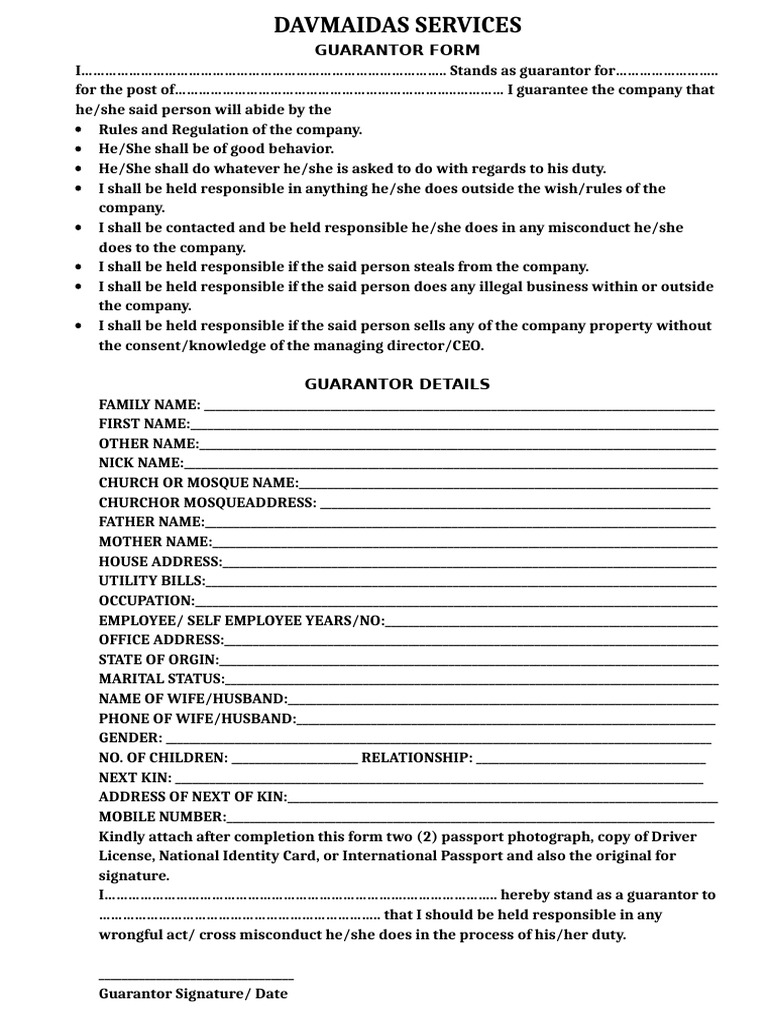 DAVMAIDAS SERVICES GUARANTOR FORM | PDF