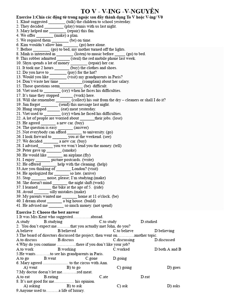 Verb Forms: To V and V-ing Exercises | PDF