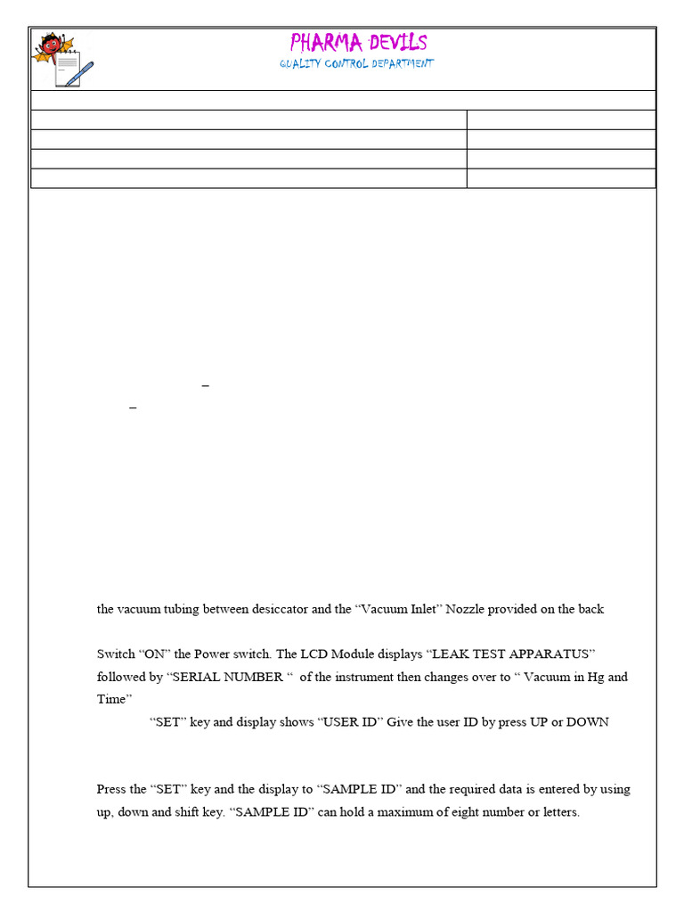 Leak Test Apparatus SOP Guide | PDF | Calibration