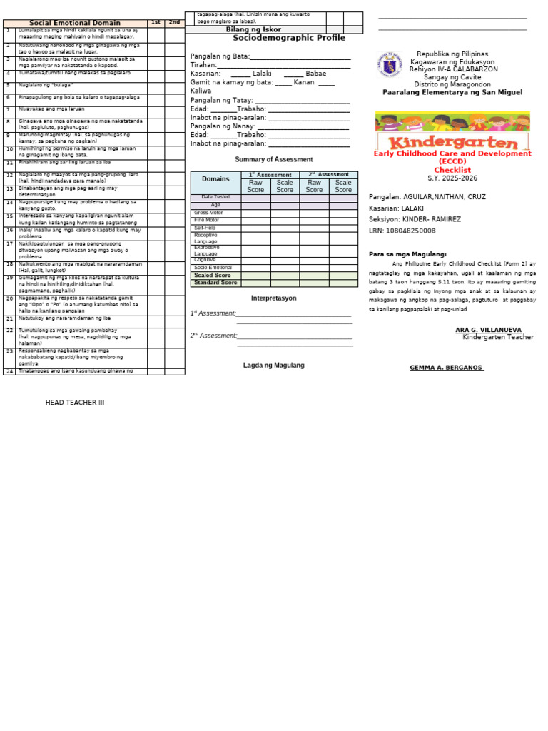 Kinder Eccd Checklist Card | PDF