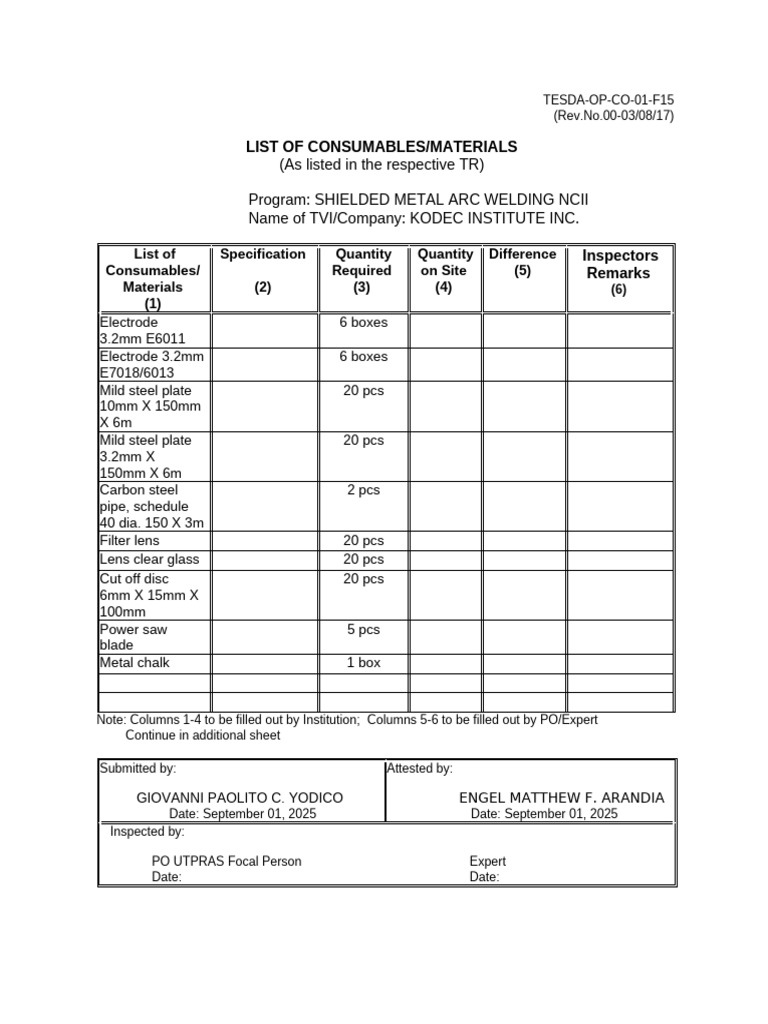 Consumables for Welding NCII Program | PDF