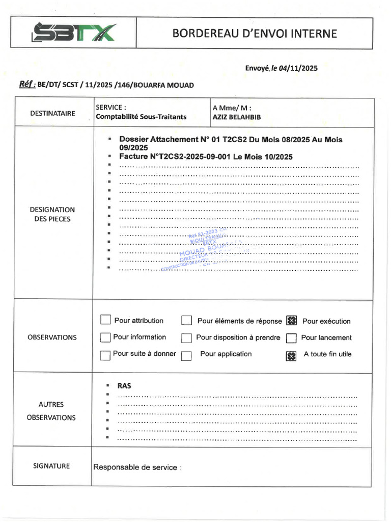 Bordereau d'Envoi Intern Des Dossier MOIS 11-2025 | PDF