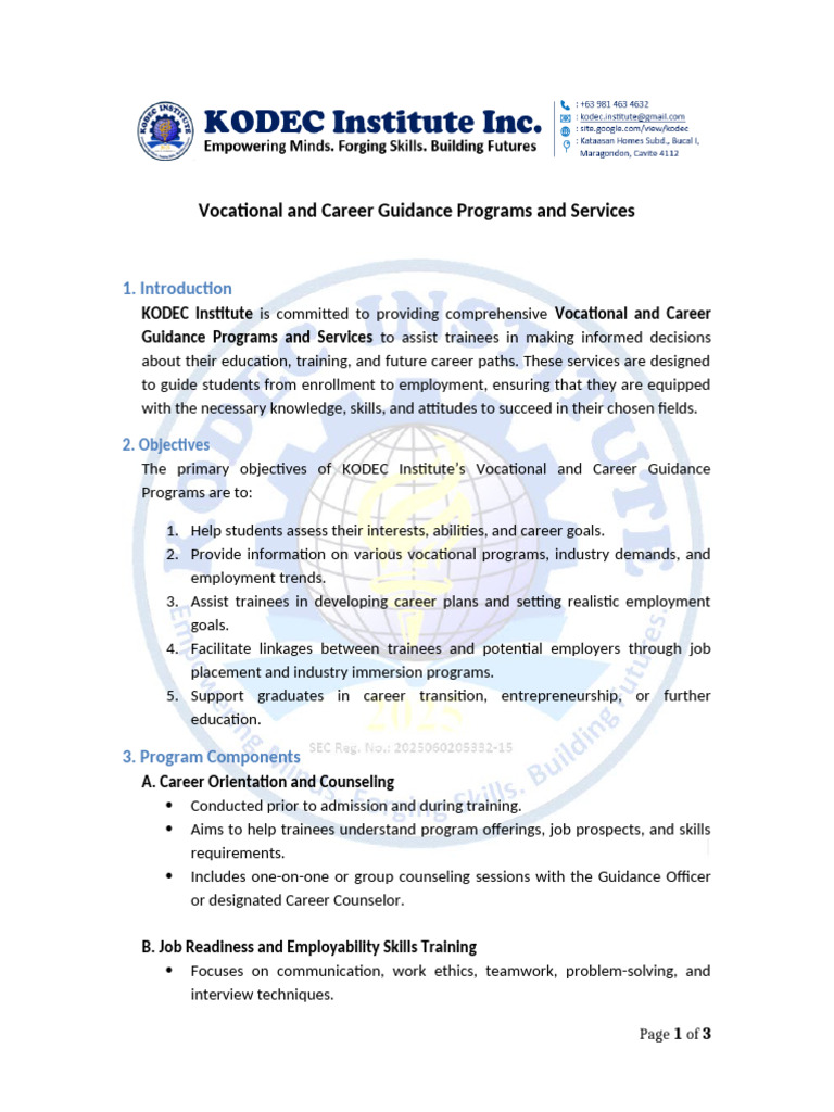 KODEC Vocational Guidance Programs | PDF | Vocational Education ...