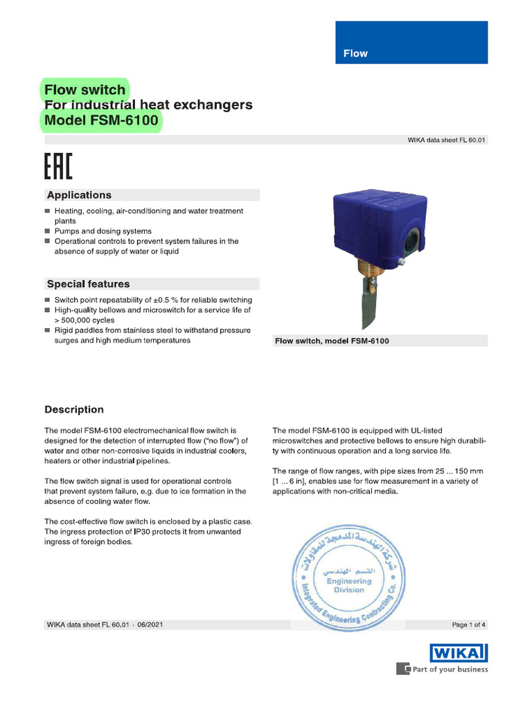 Flow Switch - FSM-6100 TDS | PDF
