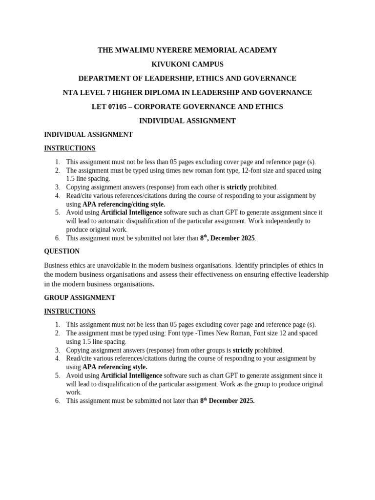 Corporate Governance and Ethics Assignments | PDF