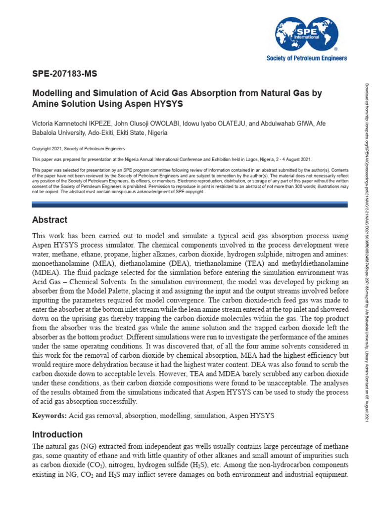 Acid Gas Absorption Modeling with Aspen HYSYS | PDF | Natural Gas ...