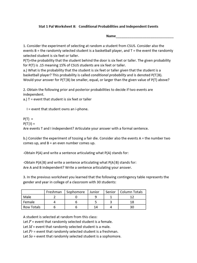 Conditional Probabilities Worksheet | PDF | Probability | Mathematics