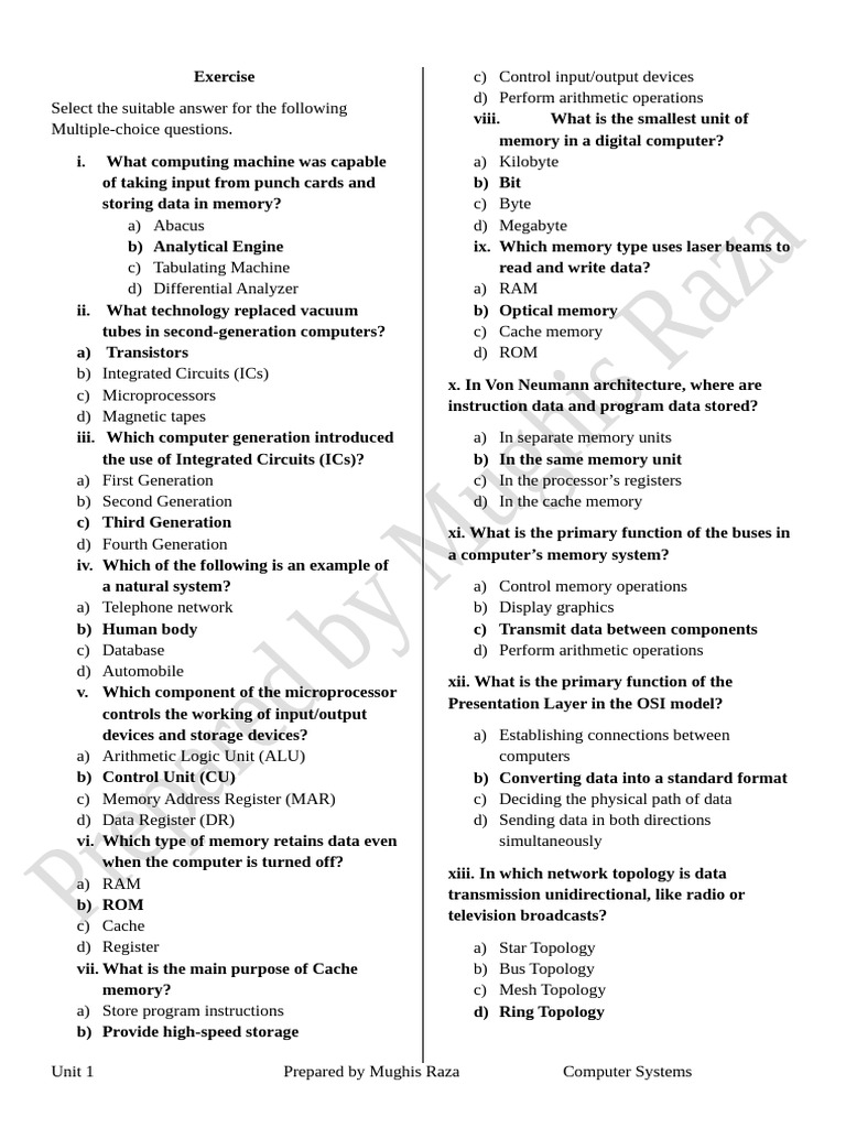 Computer Systems: MCQs and Short Answers | PDF | Computer Data Storage ...