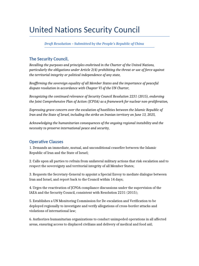 China Unsc Draft Resolution | PDF