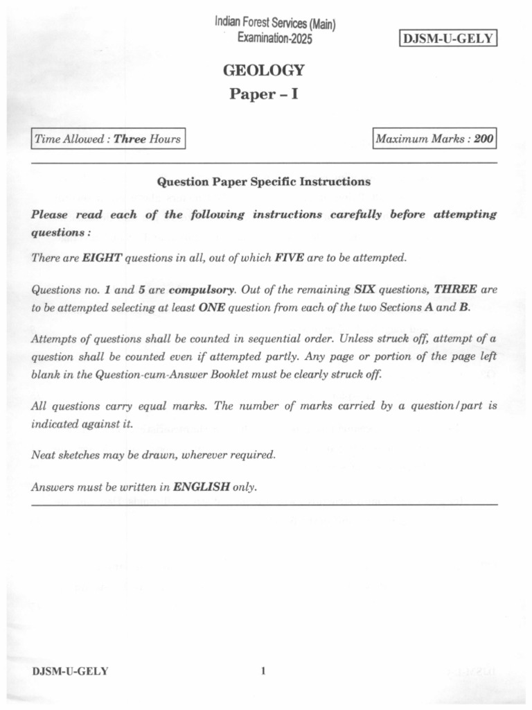 QP Ifsm 25 Geology Paper I 241125 | PDF