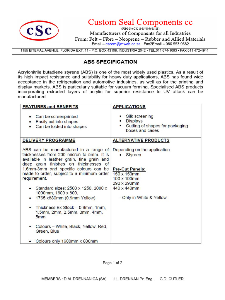 ABS (Acrylonitrile Butadiene Styrene) Specification | PDF
