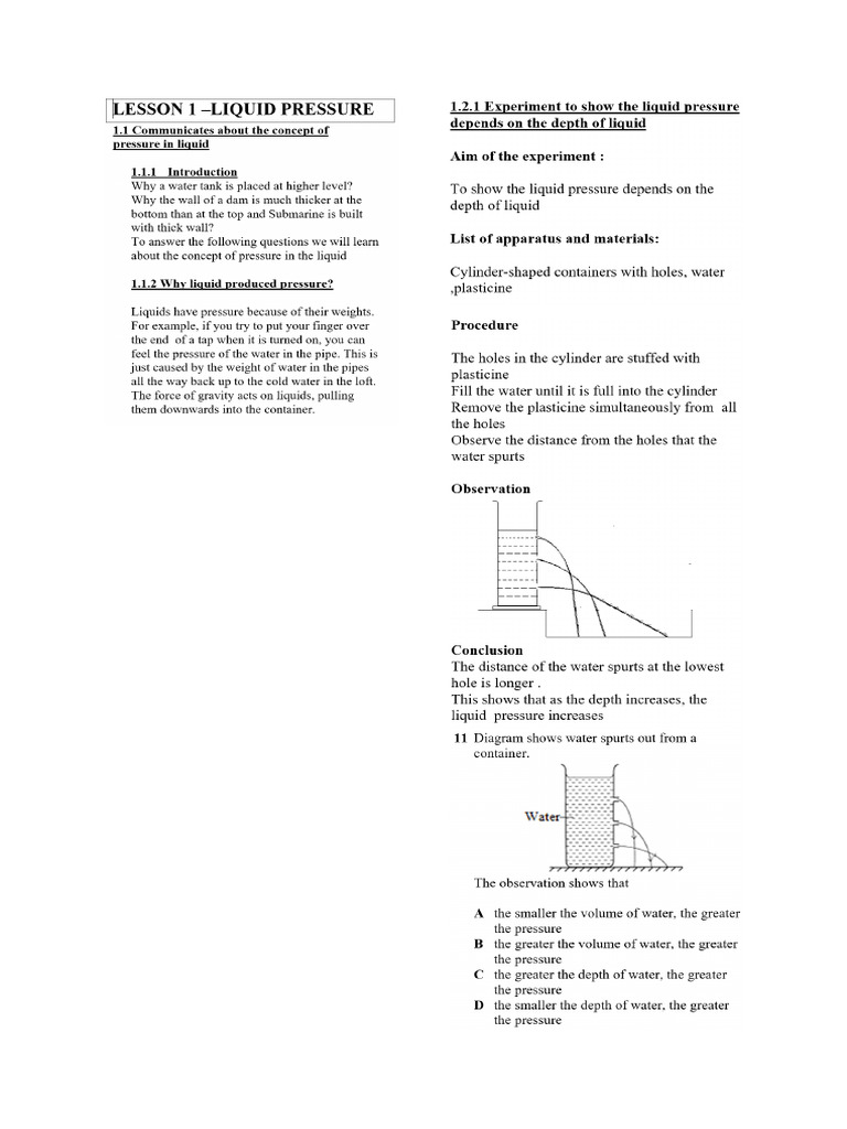Liquid Pressure and Gas Pressure Form 1 | PDF