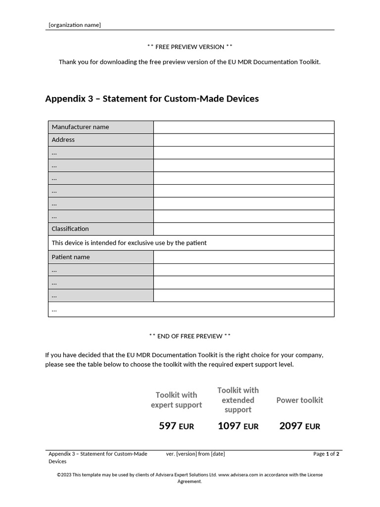 01.3 Appendix 3 Statement For Custom Made Devices MDR Preview en | PDF