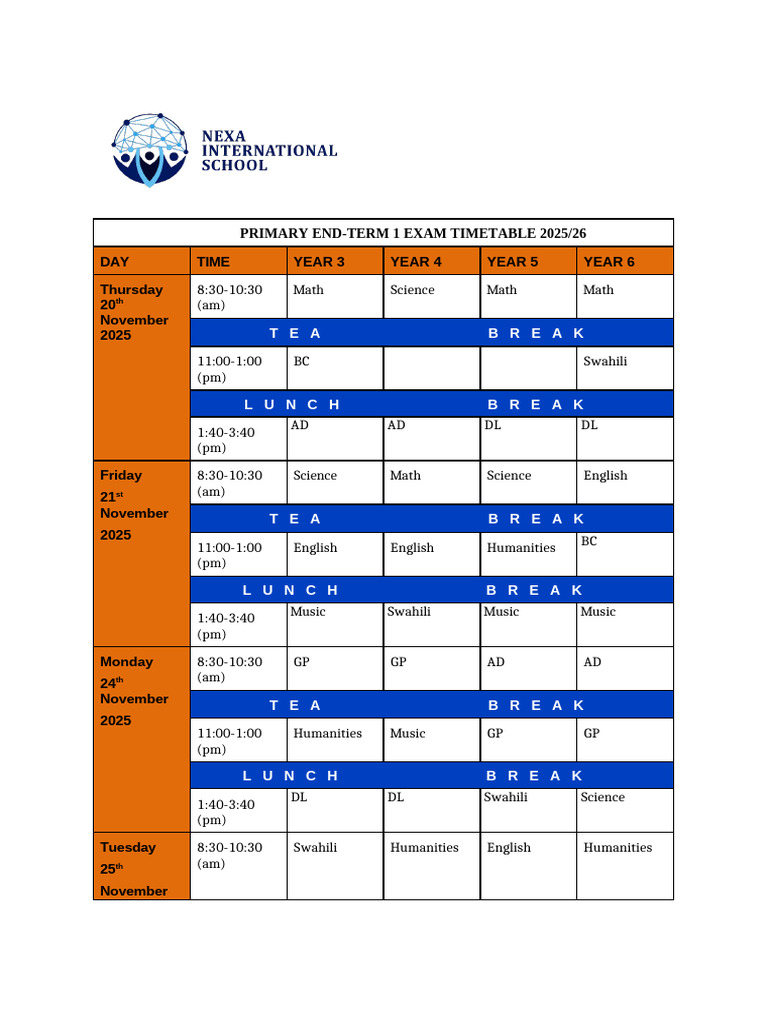 Primary Mid Term One Exam Timetable | PDF
