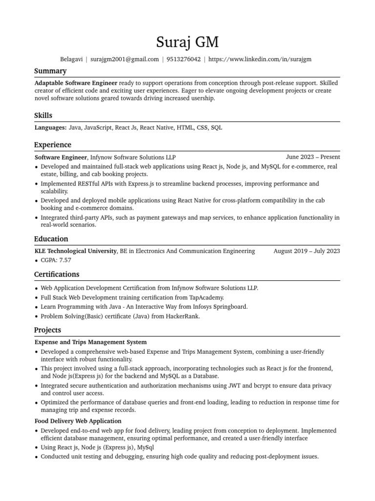 Software Engineer Resume: Skills & Projects | PDF | Web Application ...