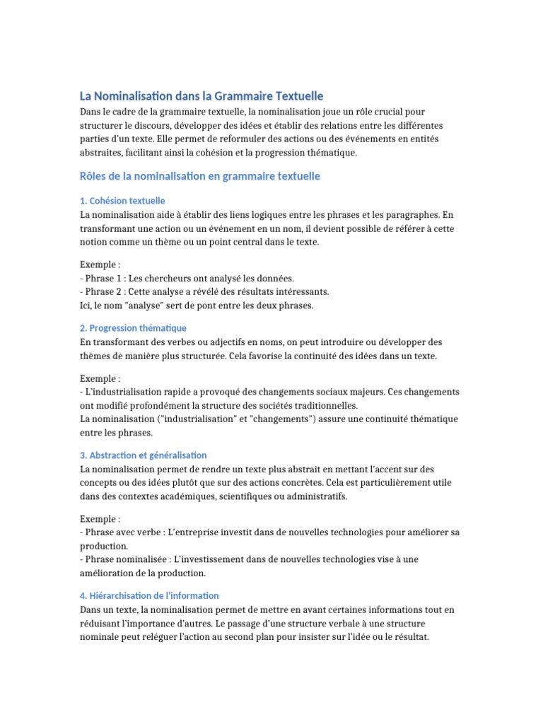Rôle de la Nominalisation en Grammaire | PDF | Phrase | Discours ...