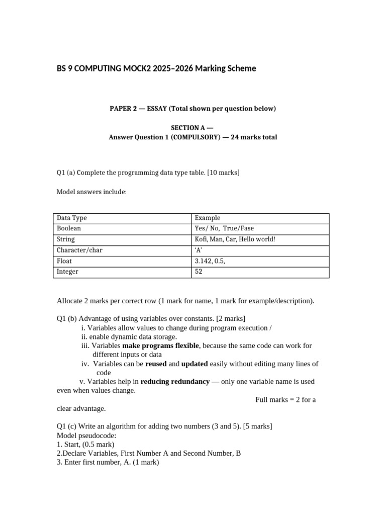 Bs9 Computing Mock2 Marking Scheme | PDF | Variable (Computer Science ...