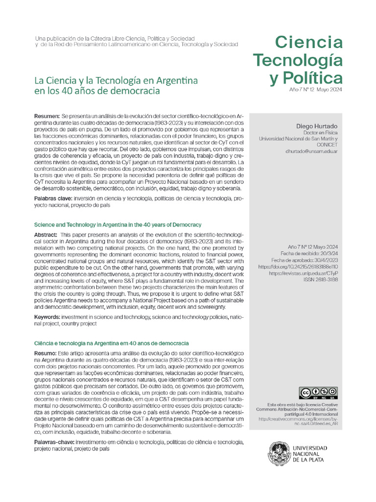 La Ciencia y La Tecnología en Argentina en Los 40 Años de Democracia | PDF