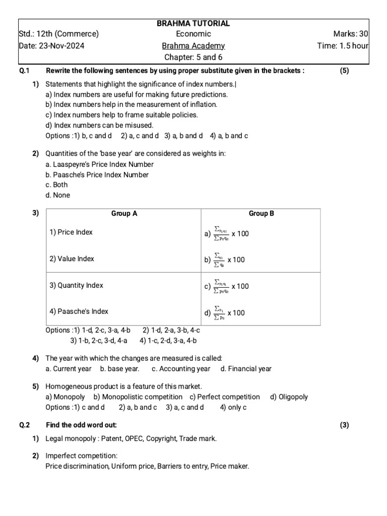 12th Commerce Economic Tutorial on Index Numbers | PDF | Monopoly ...