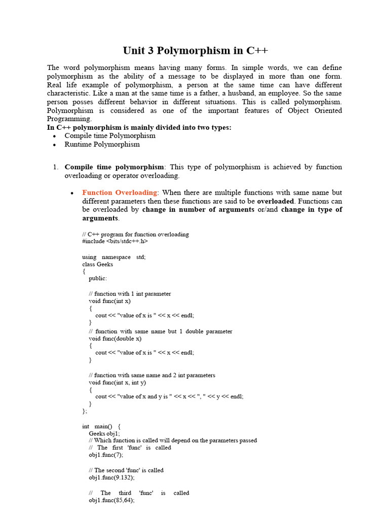 Unit 3 PolymorphismInC++ | PDF | Class (Computer Programming ...