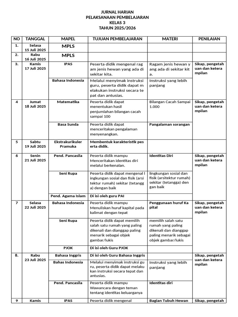 Jurnal Pembelajaran Kelas 3 2025/2026 | PDF