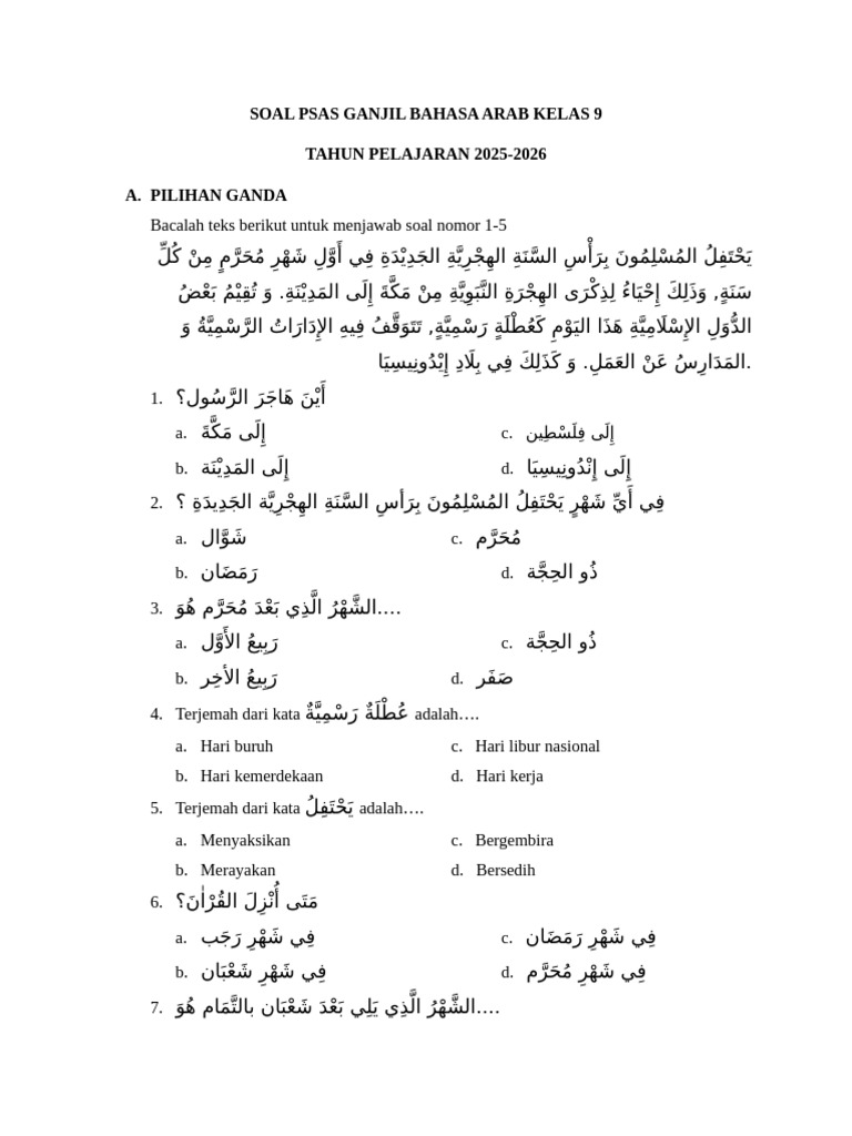 Soal PSAS Ganjil Bahasa Arab Kelas IX 2025-2026 - 112116 | PDF