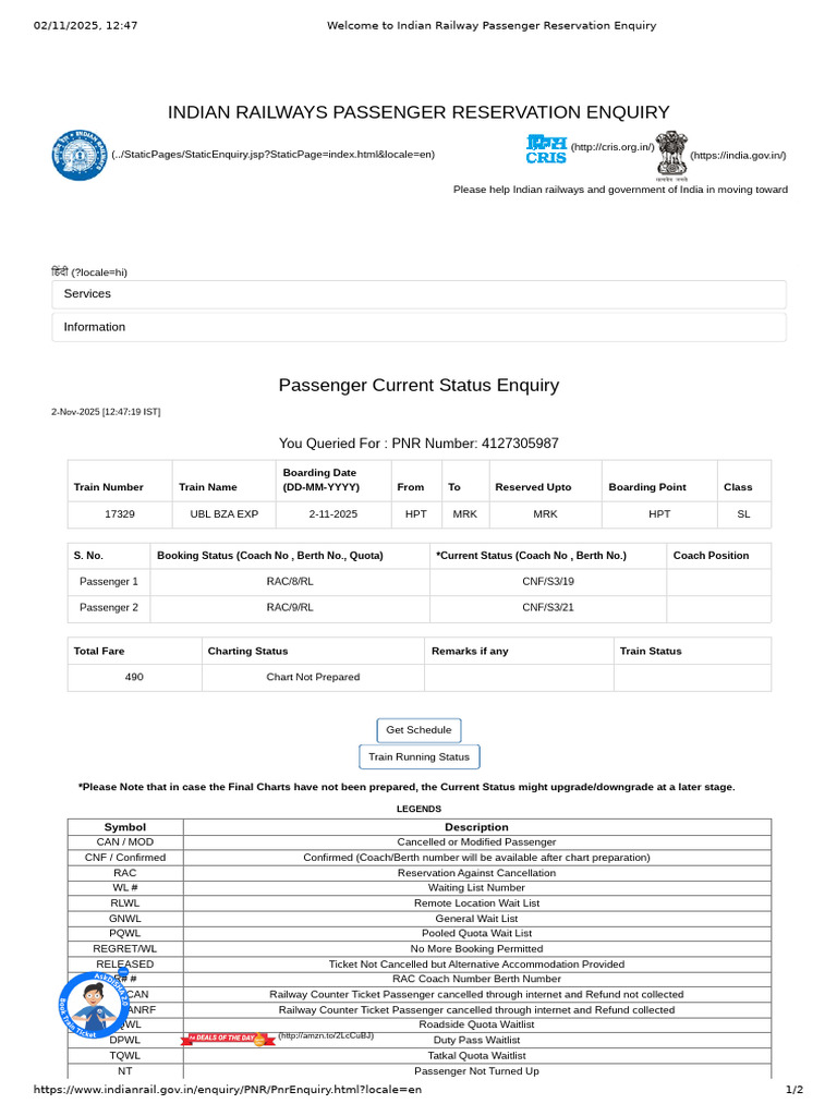 Indian Railways PNR Status Enquiry | PDF