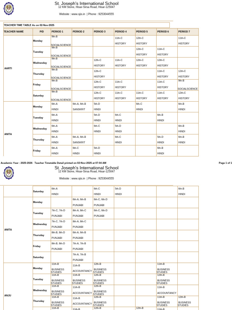2025-2026 Teacher Timetable Overview | PDF