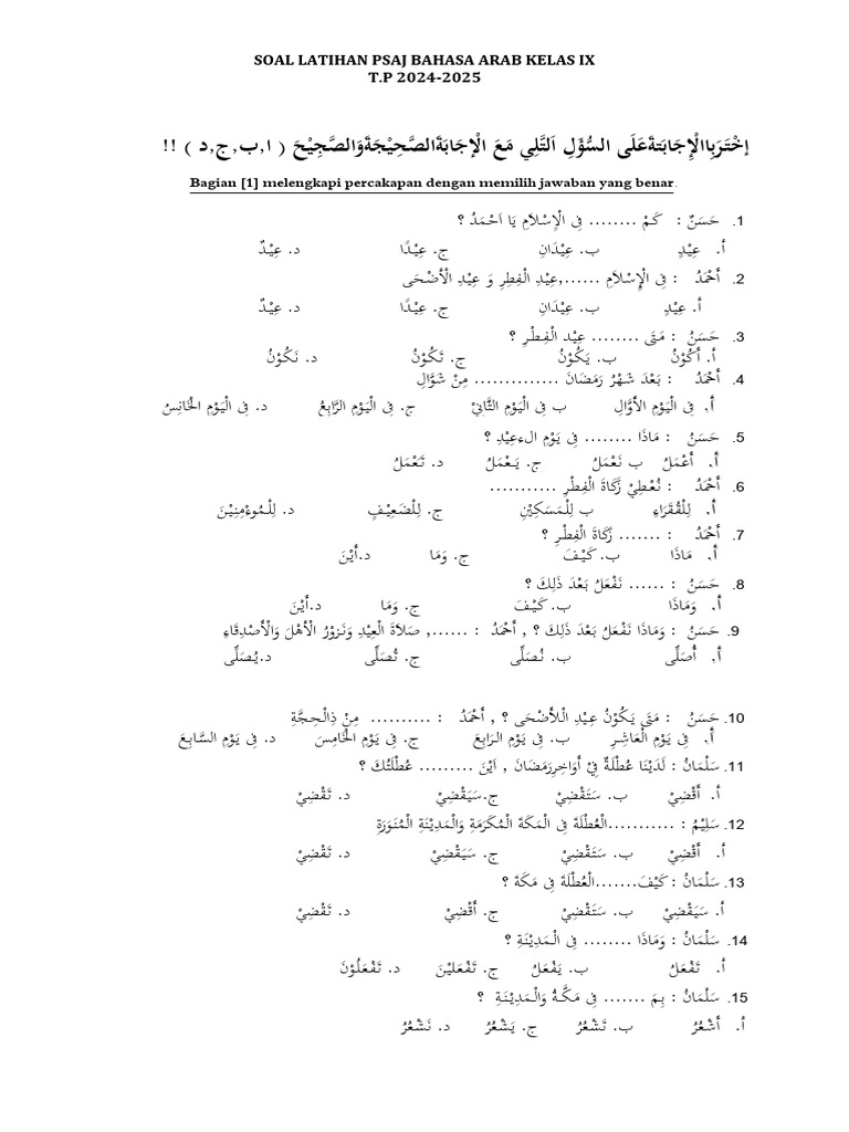 Soal Latihan Bahasa Arab Kelas IX | PDF