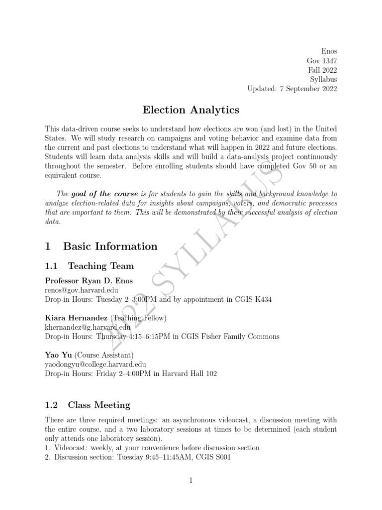 Election Analytics Course Syllabus 2022 | PDF | Prediction | Forecasting