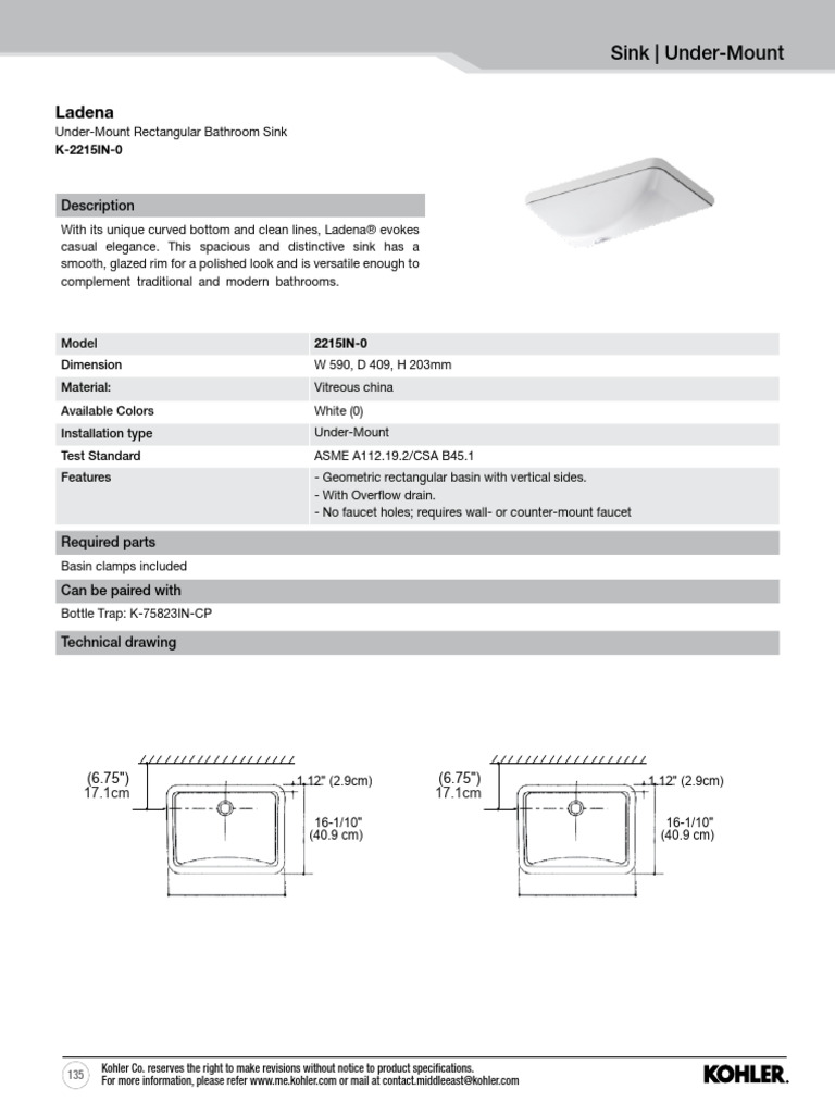 Kohler Ladena Under-Mount Sink K-2215IN-0 | PDF | Sink | Bathroom