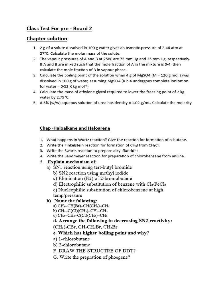 Class Test Solutions: Chemistry Concepts | PDF