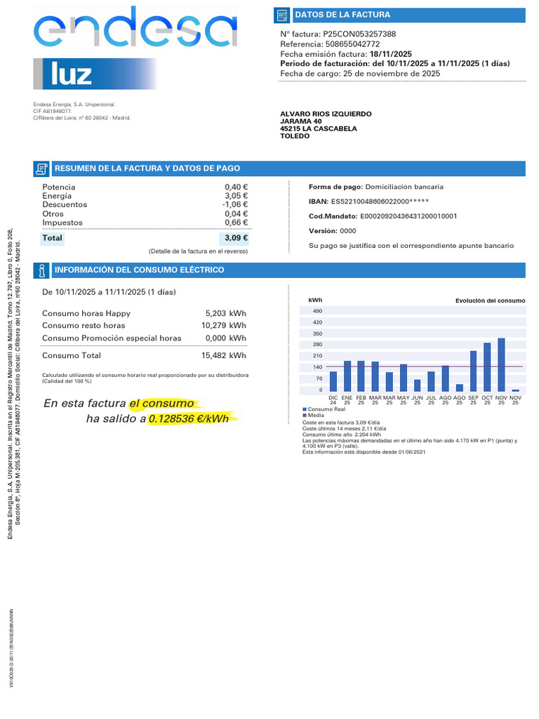 Factura de electricidad Endesa 11/2025 | PDF | Ingenieria Eléctrica ...