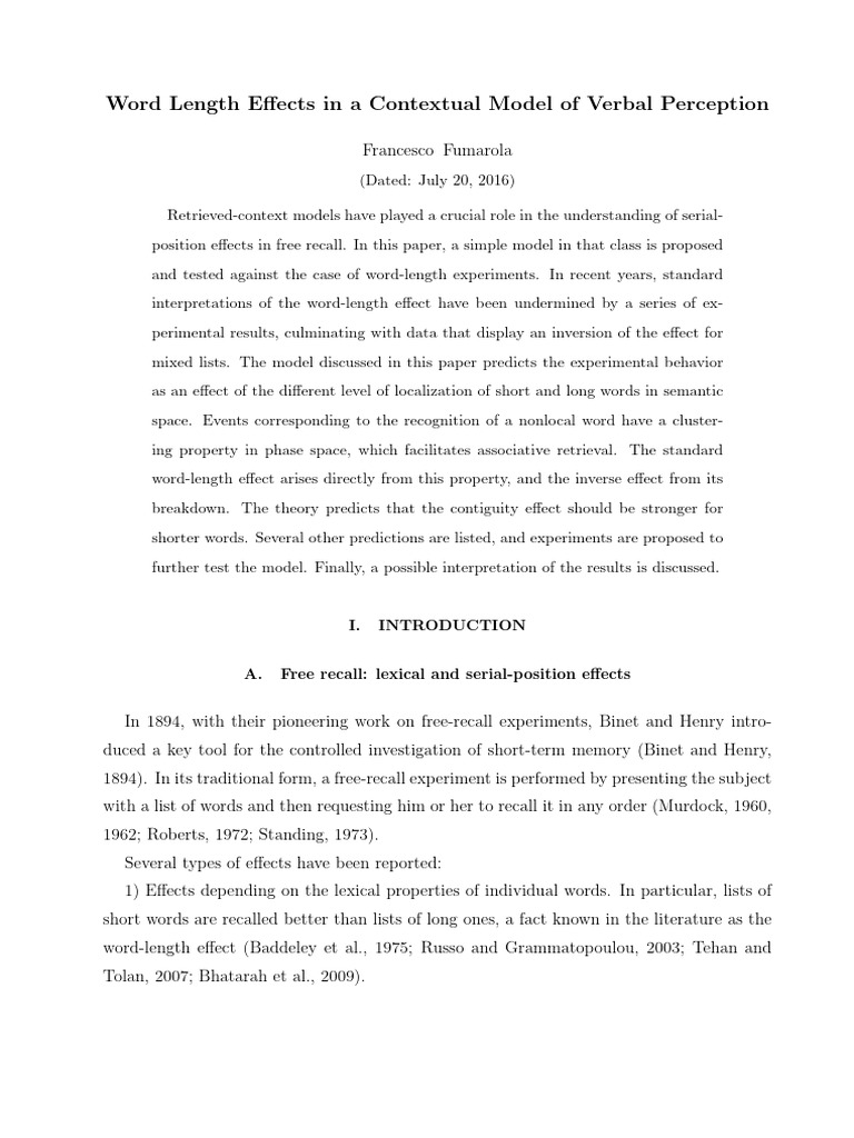 Word Length Effects in a Contextual Model of Verba | PDF | Cognition ...