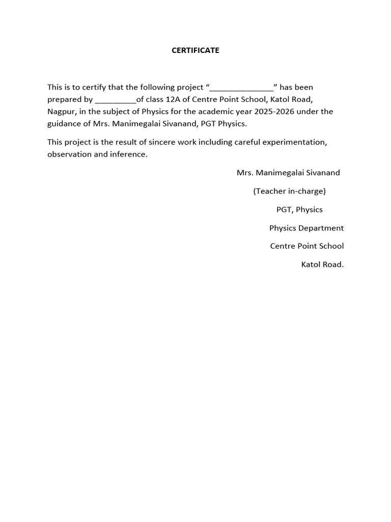 Class 12A Physics Project Certificate | PDF