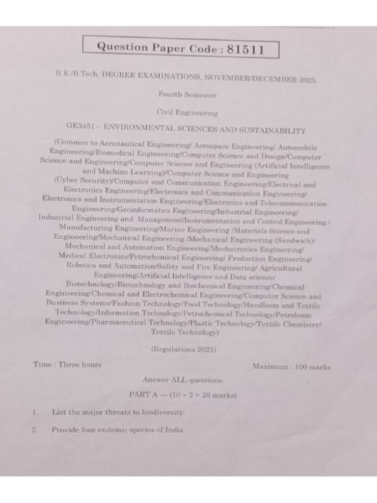 GE3451 EVS Nov Dec 2025 Question Paper | PDF