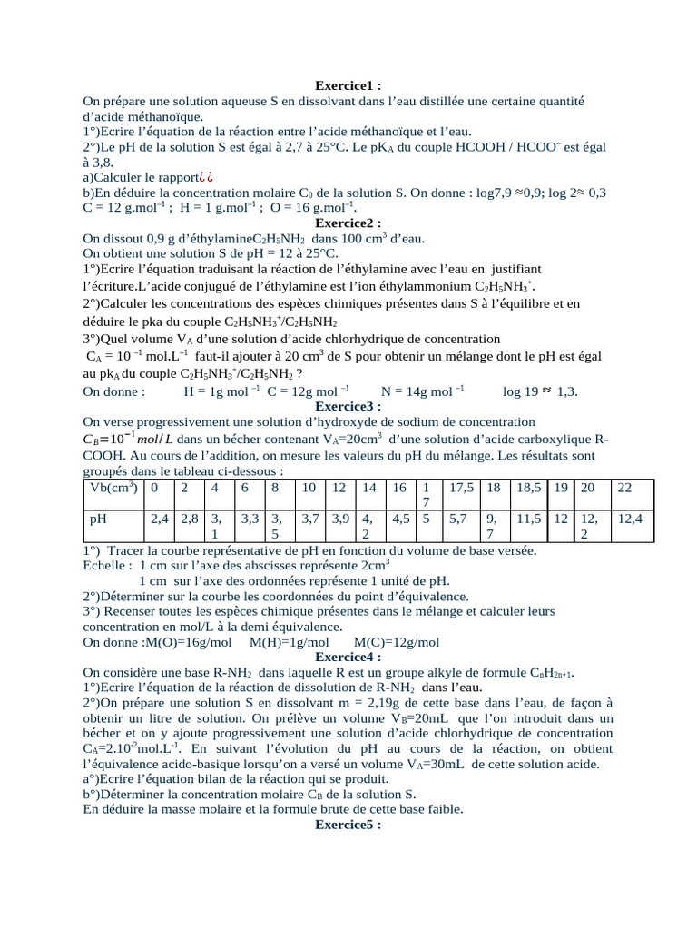 Calculs de pH et concentrations en solutions acides et basiques | PDF ...