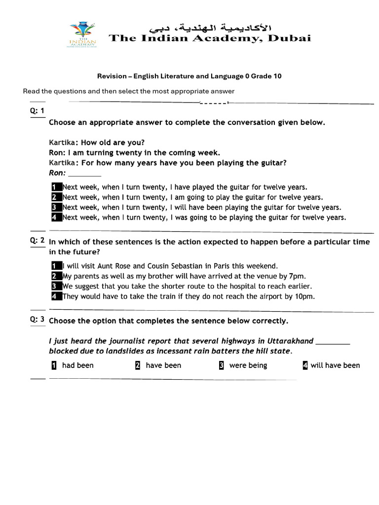 Grade 10 Grammar Revision Test 1 | PDF