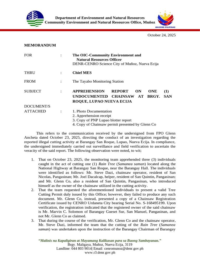Chainsaw Apprehension Report in Nueva Ecija | PDF